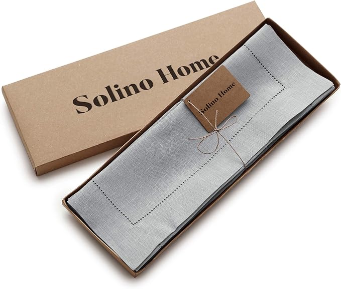 Solino Home Linen Cloth Placemats Set of 6-100% Pure Linen Hemstitch Soft Grey Placemats 14 x 19 Inch - Classic Hemstitch Table Place Mats for Winter, New Year