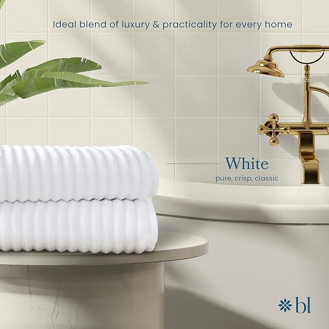 Blue Loom Ribbed Bath Towels Set, 100% Cotton 600 GSM, Soft Absorbent Durable Quick Drying 2 Bath Towels for Bathroom - Mason Set of 2 White (58" x 30" Inch)