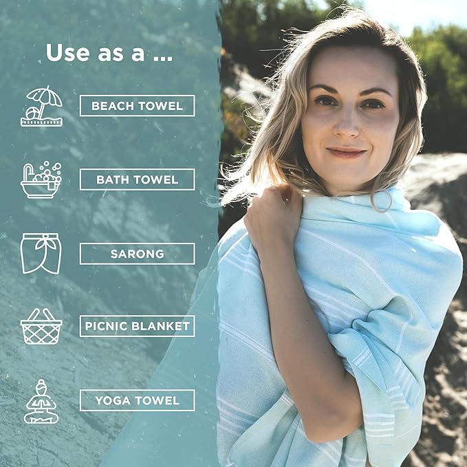 Large Turkish Beach Towel, Classic Sage - Super Soft & Lightweight Quick Dry Absorbent Towels for Beach, Picnic Blanket or Bath Towel - Sand Free Organic Turkish Cotton Yarn