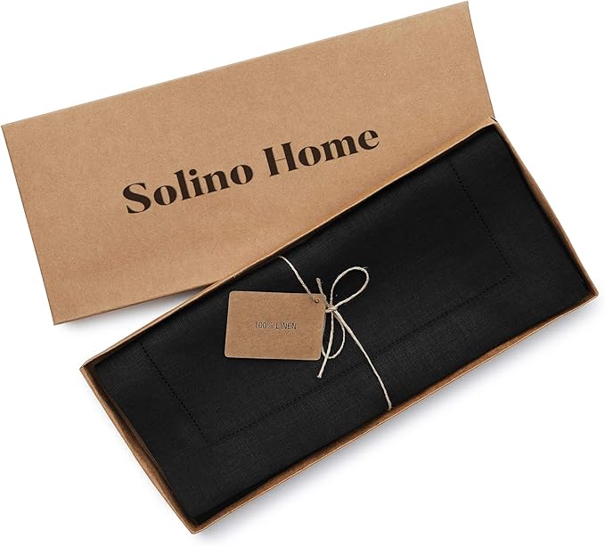 Solino Home Linen Black Table Runner 108 Inches Long - 100% Pure Linen 14 x 108 Inch Table Runner for Winter, Holiday, New Year - Classic Hemstitch