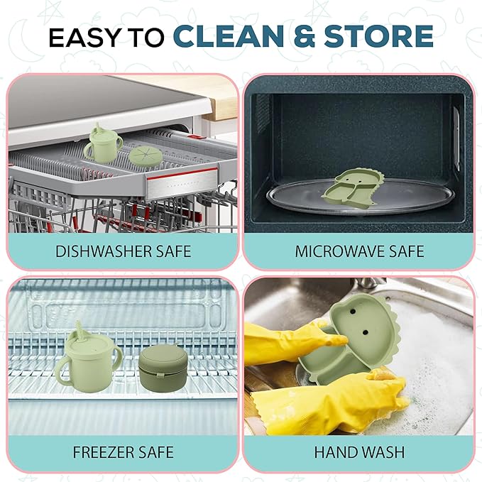 SiliTime Dinosaur-Themed Silicone Baby Feeding Set – Suction Mat with Food Catcher & Pacifier – 8-Piece BPA-Free Toddler Mealtime Essentials for Baby-Led Weaning