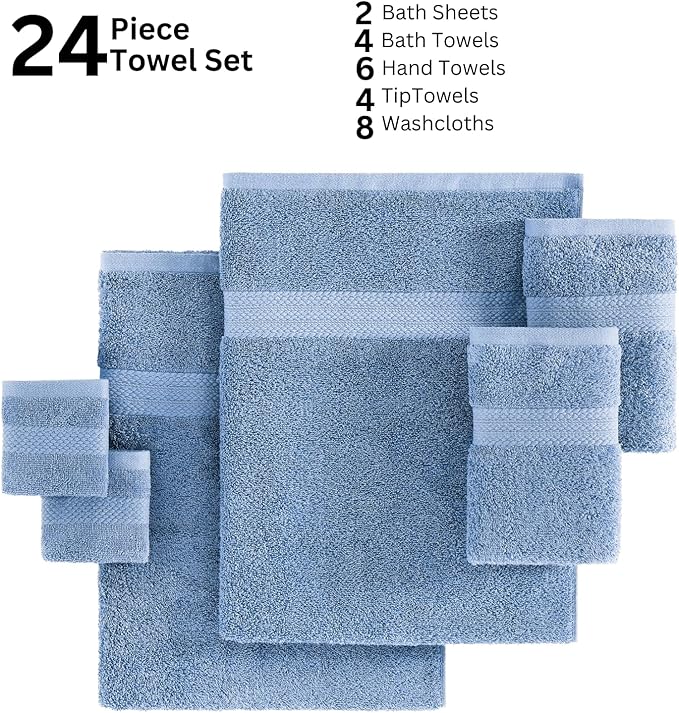 Lane Linen Bath Towel Set - 24 Pcs - Made From 100% Ring Spun Cotton - Quick Dry, Soft & Absorbent - 2 Bath Sheet, 4 Fingertip, 4 Bath, 6 Hand Towels, 8 Washcloth - Multipurpose Towels - Cerulean Blue