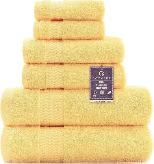COZYART Light Yellow Luxury Bath Towel Set, Turkish Cotton Hotel Towel Bulk for Bathroom, Thick Bathroom Set of 6 Pcs with 2 Large Bath Towels, 2 Hand Towels, 2 Washcloths, 650 GSM.
