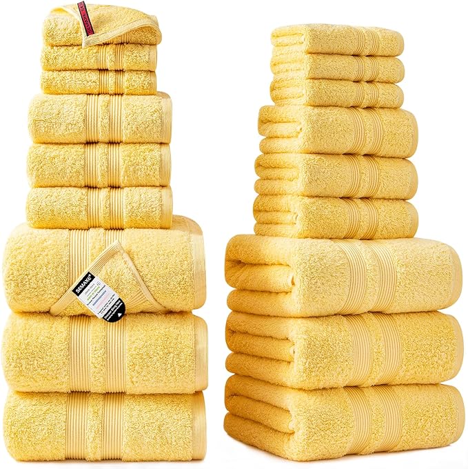 SEMAXE Solid 18-Piece Towel Set, Warm Yellow, 600GSM 100% Cotton, 6 Each of Bath Towel, Hand Towel, and Washcloths, Gift Box Packaging, Hanging Loop Design