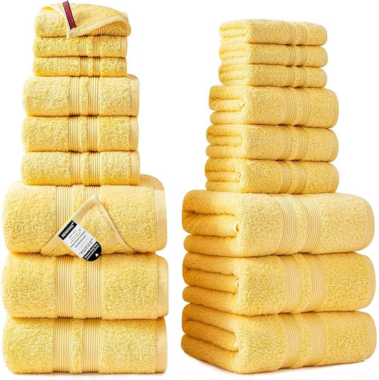 SEMAXE Solid 18-Piece Towel Set, Warm Yellow, 600GSM 100% Cotton, 6 Each of Bath Towel, Hand Towel, and Washcloths, Gift Box Packaging, Hanging Loop Design