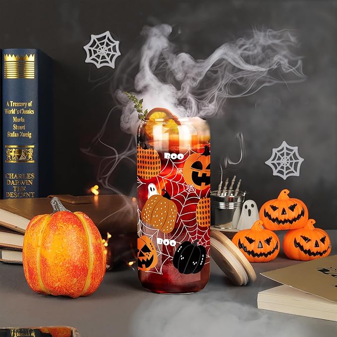 Joeyan Halloween Glass Cups with Lids and Straws,20 oz Iced Coffee Tumbler with Pumpkin Ghost Cobweb Patterns,Cute Funny Can Shaped Beer Drinking Glasses,Holiday Gifts for Women Mom Friend Teen