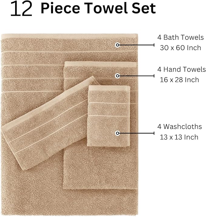 Casa Platino 100% Mercerized Cotton Bathroom Towel Set - 12 Pcs - Ring Spun, Super Soft & Highly Absorbent - 4 Large Bath Towels, 4 Washcloths, 4 Hand Towels - Wide Variety of Colours - Beige