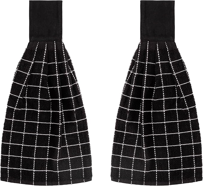 Blue Needles Hanging Kitchen Towels - Black 100% Cotton Solid Kitchen Tie Towel, Set of 2 Hand Dish Cloth with Hanging Loops 9 x 17 Inches, Absorbent, Super Soft, and Fast Drying Home Essential