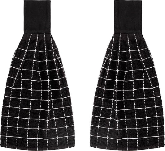 Blue Needles Hanging Kitchen Towels - Black 100% Cotton Solid Kitchen Tie Towel, Set of 2 Hand Dish Cloth with Hanging Loops 9 x 17 Inches, Absorbent, Super Soft, and Fast Drying Home Essential