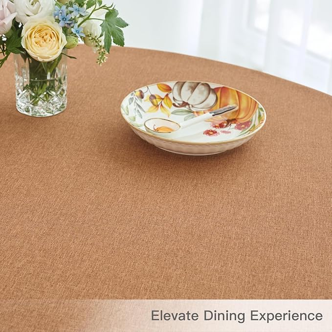 maxmill Fall Round Tablecloth Linen Texture Stain Resistant Waterproof Anti-Shrink Spillproof Washable Soft Table Cloth for Dining Room, Farmhouse Harvest Thanksgiving Holiday Party, 70 Inch, Amber
