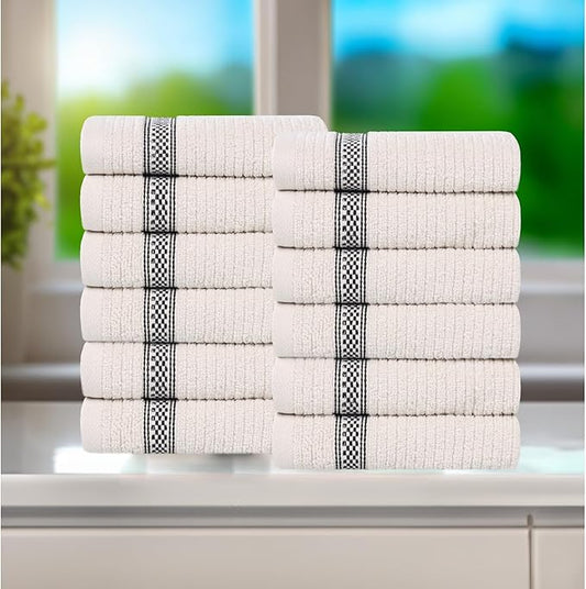 Superior Cotton Face Towel/Washcloth Set, Zero Twist, Ribbed Geometric, Small Facial Towels, Spa, Hotel, Guest, Home, Bathroom Basics, Plush Soft Absorbent, Luxury Quick Drying, Set of 12, Stone