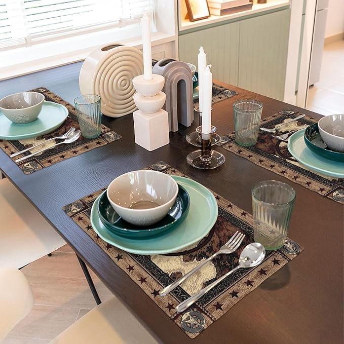 Western Texas Star Placemats Set of 4 Rustic Vintage Country Linen Washable Placemat Brown Wood Panel Kitchen Dining Heat-Resistant Place Mats Desktop Decor Table Mats 12x18 Inch