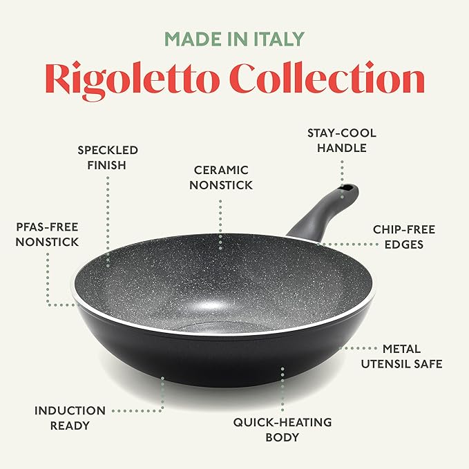 Rigoletto 11” Nonstick Wok Pan, Made in Italy, Layered Ceramic PFAS-Free Surface, Induction Ready Skillet, Dishwasher & Metal Utensil Safe, Granite Finish, Stay-Cool Handle, Black