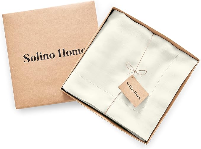 Solino Home Linen Ivory Tablecloth 70 x 90 Inch - Sonoma Hemstitch, 100% Pure Linen Rectangular Tablecloth - Machine Washable Table Cloth for Holiday, New Year