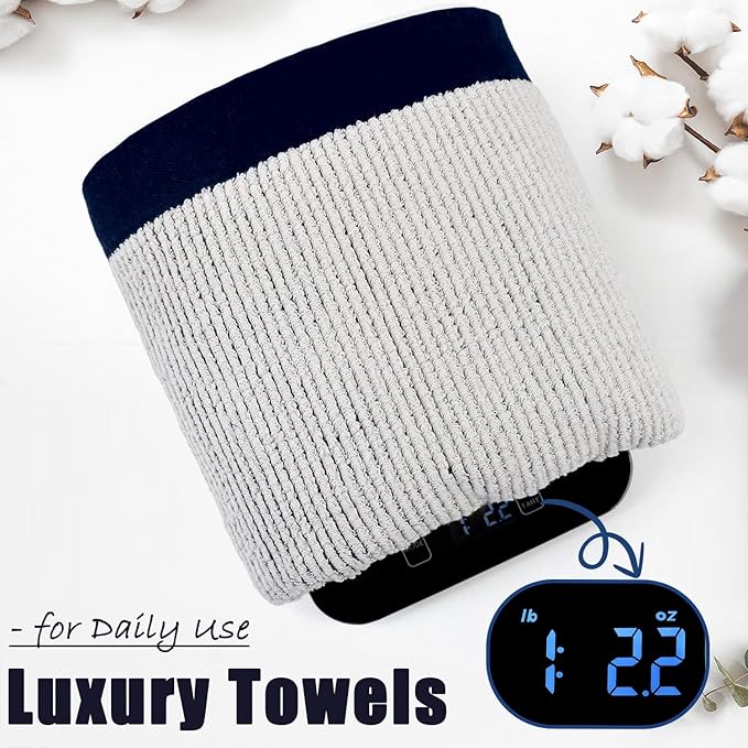 Cleanbear Fluffy Bath Towels for Bathroom, Shower Towel Set of 2, Jacquard Weaved Soft Cotton Cloths Navy-Blue, 54 by 28 Inches