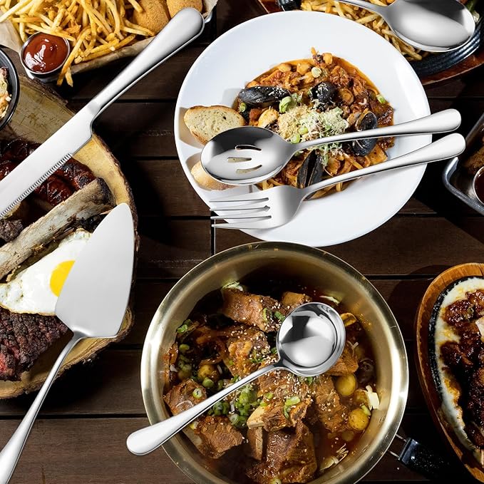 Serving Utensils 7 Pieces Stainless Steel Flatware include Cake Knife Server Large Spoon Spatula Big Fork Pefect For Festival Parties Buffet Catering Silverware