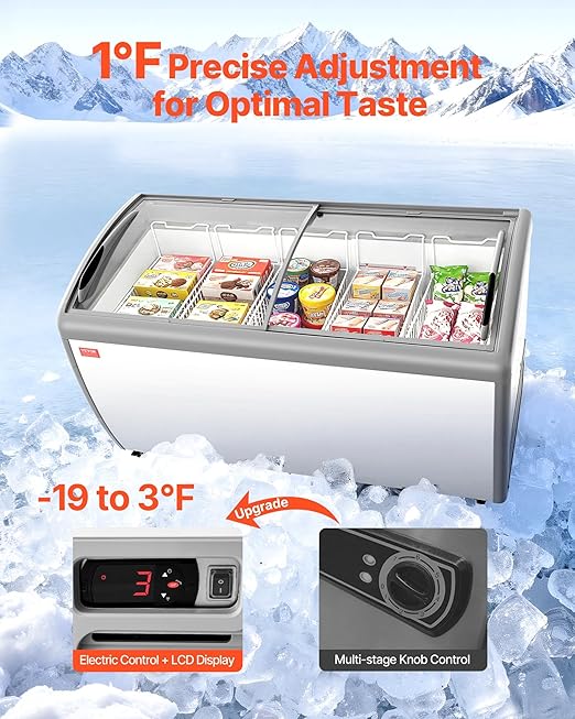 VEVOR Commercial Ice Cream Display Case, 16.3 Cu.ft Chest Freezer, -19 to 3℉ Temp Adjustable Mobile Top Deep Freezer with 5 Wire Baskets, 2 Sliding Glass Doors, Locking Casters & LED Strip Lighting