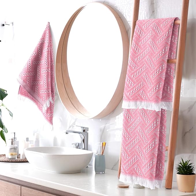 4 Pack Boho Bathroom Hand Towel 14 x 30 Inch 100% Turkish Cotton Decorative Boho Kitchen Hand Towel Farmhouse Bathroom Decor Set Absorbent Soft Guest Tea Gift(Pink,White)