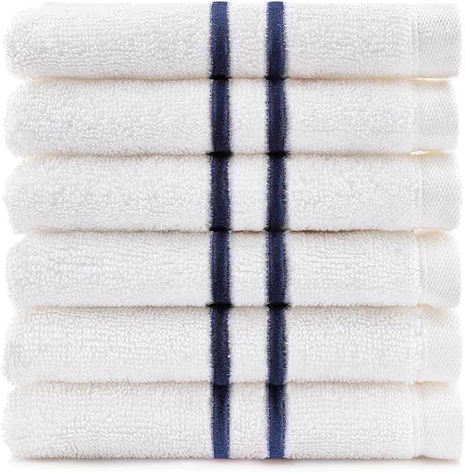 Maisonette Loft Baratta Egyptian Cotton Turkish Hand Towels - Soft, Absorbent Washcloths for Face - Ideal Quick Dry Small Towel Wash Cloth Set for Bathroom - (13" x 13", 6 Pack) - White, Navy Striped