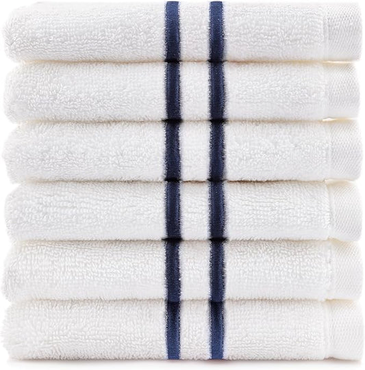 Maisonette Loft Baratta Egyptian Cotton Turkish Hand Towels - Soft, Absorbent Washcloths for Face - Ideal Quick Dry Small Towel Wash Cloth Set for Bathroom - (13" x 13", 6 Pack) - White, Navy Striped