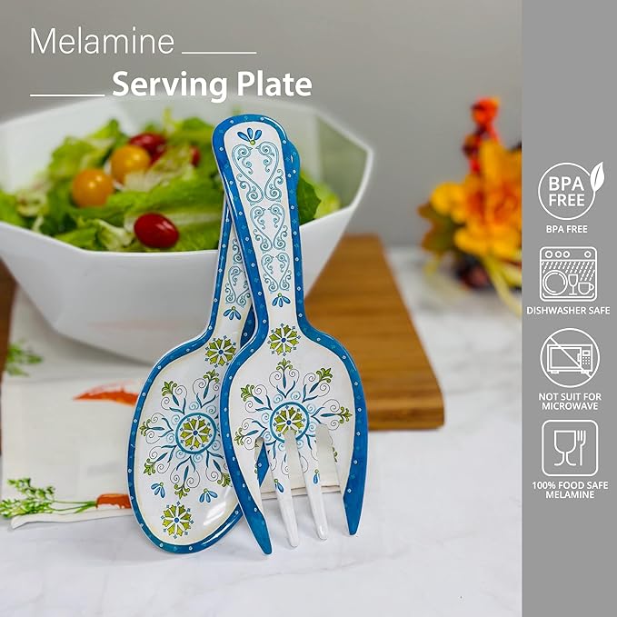 UPware Jewel Medallion Melamine Salad Servers, Serving Utensil Set, Includes Serving Fork and Spoon for Tossing Salad, Pasta, Blue, 10.75 Inch, Set of 2