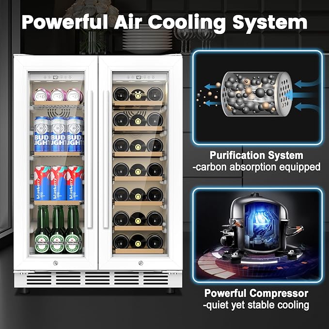 24 Inch Dual Zone Wine and Beverage Refrigerator - Under Counter Built-in/Free Standing Beverage Cooler with Glass Door,Beverage Fridge with Large Capacity, Advanced Cooling System, White