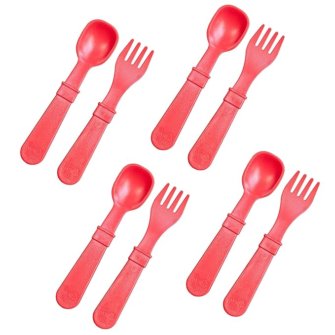 Re-Play Toddler Forks and Spoons Set - 4x4 Utensils Set for Kids - Dishwasher and Microwave Safe - Made in USA - Pack of 8 - Red