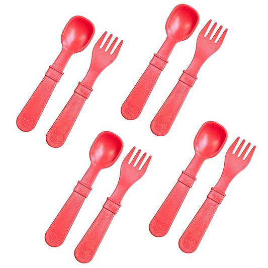 Re-Play Toddler Forks and Spoons Set - 4x4 Utensils Set for Kids - Dishwasher and Microwave Safe - Made in USA - Pack of 8 - Red