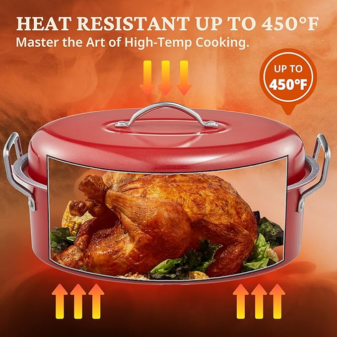 BRONYPRO Large Turkey Roasting Pan with Lid & Rack, 18-Inch Durable Granite Non-Stick Roaster, 20 lb Capacity for Roasting Turkey, Chicken, or Vegetables, Red