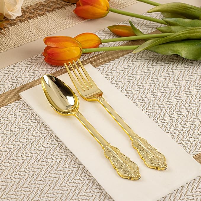 N9R 200PCS Gold Spoons and Forks Set, Heavy Duty Gold Plastic Silverware Set Fancy Disposable Utensils for Parties, Elegant Cutlery Sets for Wedding, Birthday(100 Forks & 100 Spoons)