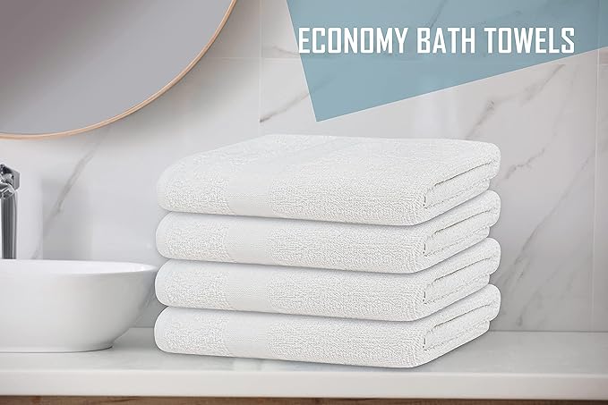 24 Pack White 20x40 Inch 100% Cotton Bath Towels - Lightweight, Quick Drying, Commercial Grade - Ideal for Gym, Salon, Spa & Hair