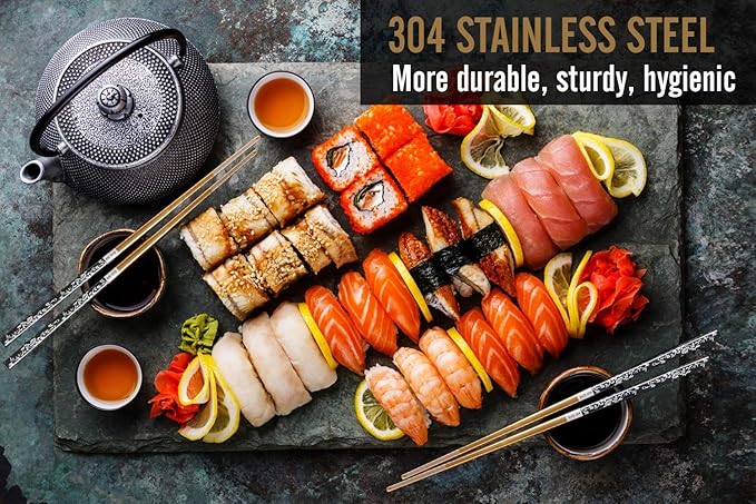 Chopsticks Reusable Titanium Plated Metal Chopsticks 304 Stainless Steel Chopstick Dishwasher safe Japanese Korean lightweight Engraved Anti-slip Chop sticks for Eating 2 Pairs Gift Set Black Gold