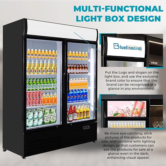 36 Cu Ft Commercial Beverage Refrigerator with 2 Glass Doors - Upright Drink Cooler Merchandiser with LED Light Display, 8 Adjustable Shelves, Black, ETL Approved for Business & Retail