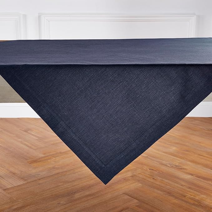 Solino Home Linen Square Tablecloth 52 x 52 Inch - 100% Pure Linen Chambray Navy Table Throw - Athena, Machine Washable Tablecloth for Winter