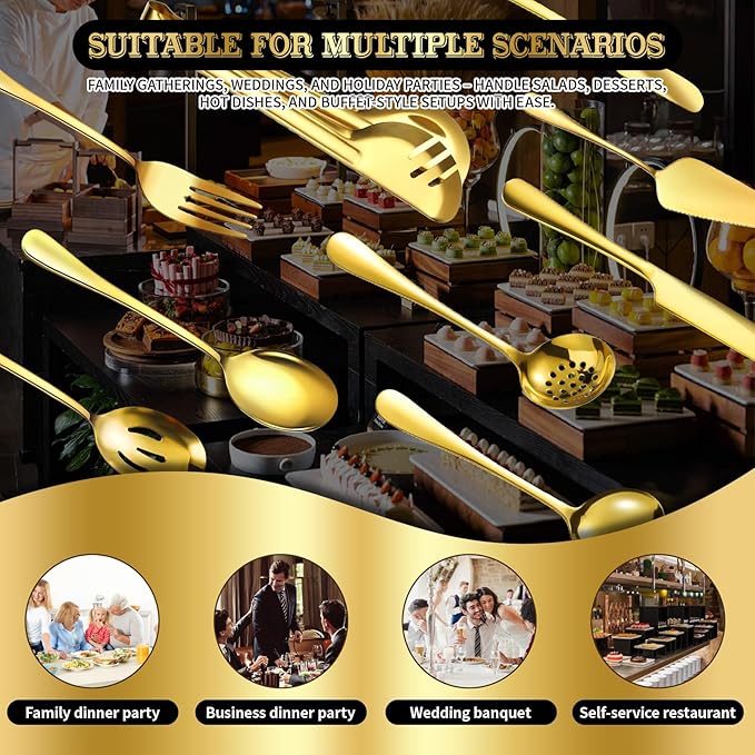 36-Piece Stainless Steel Serving Utensil Set – Complete Buffet Essentials with Spoons, Forks, Tongs, Ladle & More. Perfect for Wedding, Holiday, Catering, and Family Gatherings(Gold)