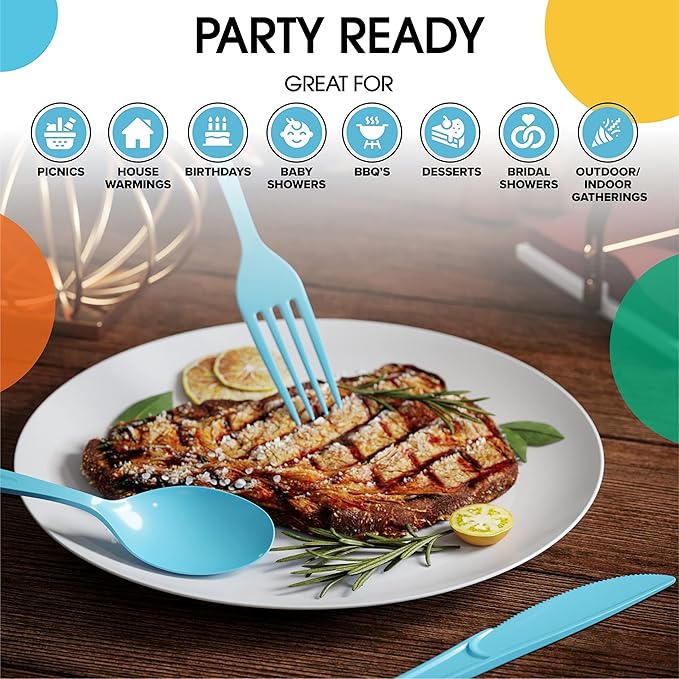Party Solids Disposable Light Blue Plastic Spoons 200 Pcs - Heavy Duty, Modern, Elegant Plastic Disposable Cutlery