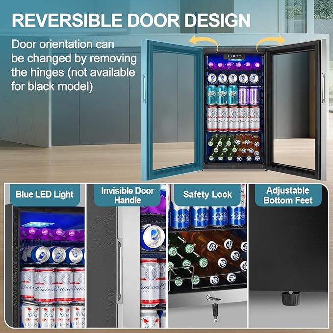 128 Cans Beverage Refrigerator Cooler, 3.2 Cu.Ft Mini Drink Fridge Glass Door for Drink Beer Soda Wine, Beer Fridge with 4 Removable Shelves for Kitchen Bedroom, Office Bar Gaming Room,Stainless Steel