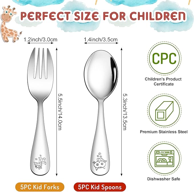 LIANYU 10-Piece Toddler Utensils Set, Stainless Steel Children Silverware Set with Kids Forks and Spoons, Kids Utensils Cutlery, Toddler Flatware for Preschooler and Child, Dishwasher Safe