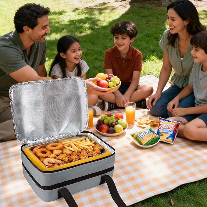 Trunab Insulated Casserole Carrier for Hot or Cold Food, Double Thermal Food Containers, Fit 9x13 Inches Baking Dish Foil Pans, For Picnic Cookouts, Potluck Parties, Beach,Beige (Grey)