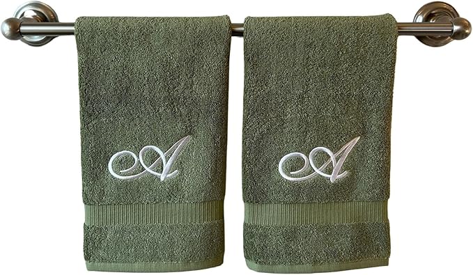 Sage Monogrammed Hand Towels for Bathroom - Luxury Hotel Quality Personalized Initial Embroidered Towel for Powder Room, Spa - GOTS Organic Certified - Set of 2 White Letter A