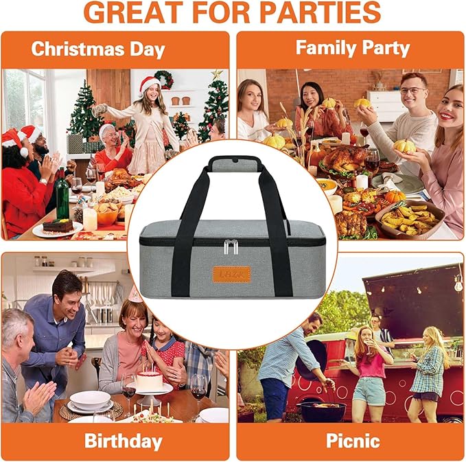 LHZK Insulated Casserole Carriers for Hot or Cold Food, Lasagna Holder Tote for Potluck Parties, Beach, Picnic, Travel, Fits 11x15 or 9x13 Dish (Grey)