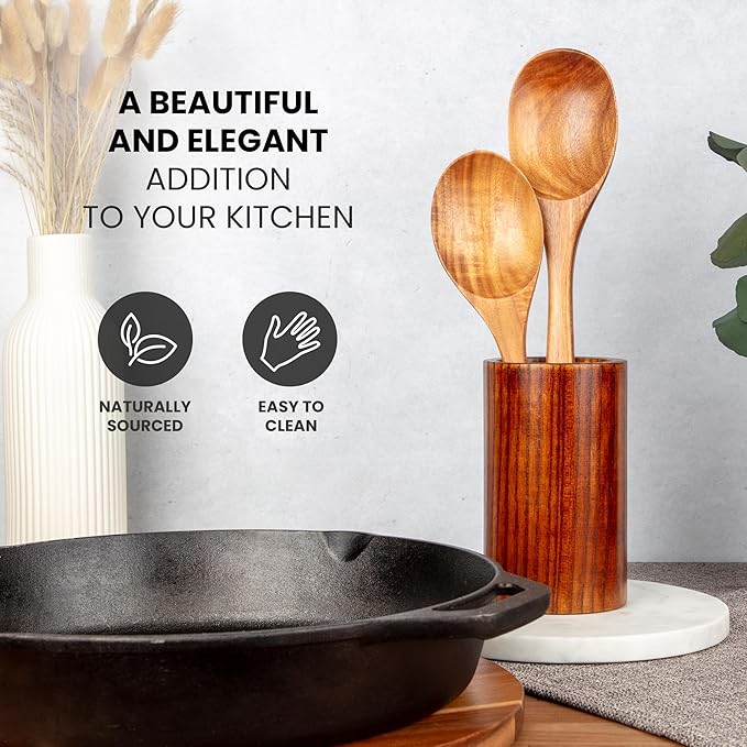 Zulay Kitchen Teak Wood Utensil Set – 2 Piece Large and Small Wooden Cooking Spoons, Handcrafted Natural Teak Wood Kitchen Utensils, Durable, Nonstick Safe & Smooth Finish