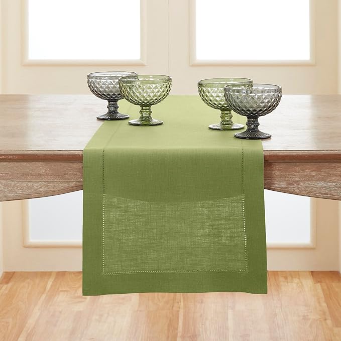 Solino Home Linen Moss Green Hemstitch Table Runner 48 Inches - 100% Pure Linen Small Table Runner 14 x 48 Inch Ideal for Dresser and Coffee Tables - Classic Hemstitch - Winter