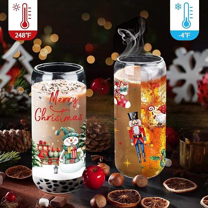 Joeyan Christmas Glass Cups,Tumbler with Lid and Straw,Snowman Train Iced Coffee Cups,Cute Can Shaped Beer Smoothie Drinking Glasses,Aesthetic Decoration Gift For Women Mom Friend,20 oz