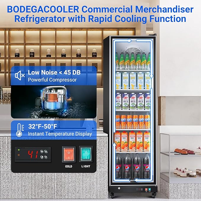 BODEGACOOLER Commercial Beverage Refrigerator with Glass Door,12.5 Cu.Ft Commercial Drink Refrigerator,Upright Large Display Merchandiser Beverage Bar Cooler with Soft LED Light,Adjustable Shelves