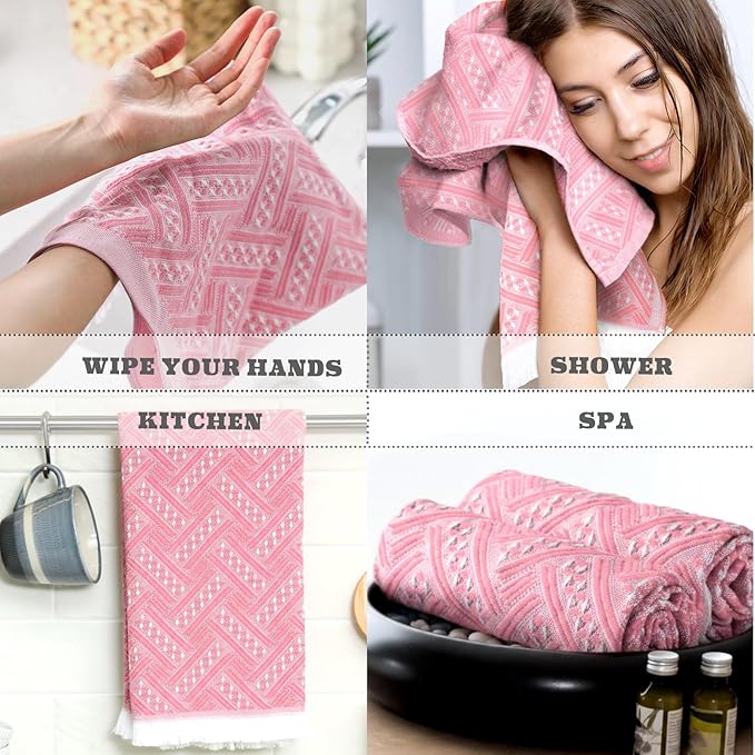 4 Pack Boho Bathroom Hand Towel 14 x 30 Inch 100% Turkish Cotton Decorative Boho Kitchen Hand Towel Farmhouse Bathroom Decor Set Absorbent Soft Guest Tea Gift(Pink,White)