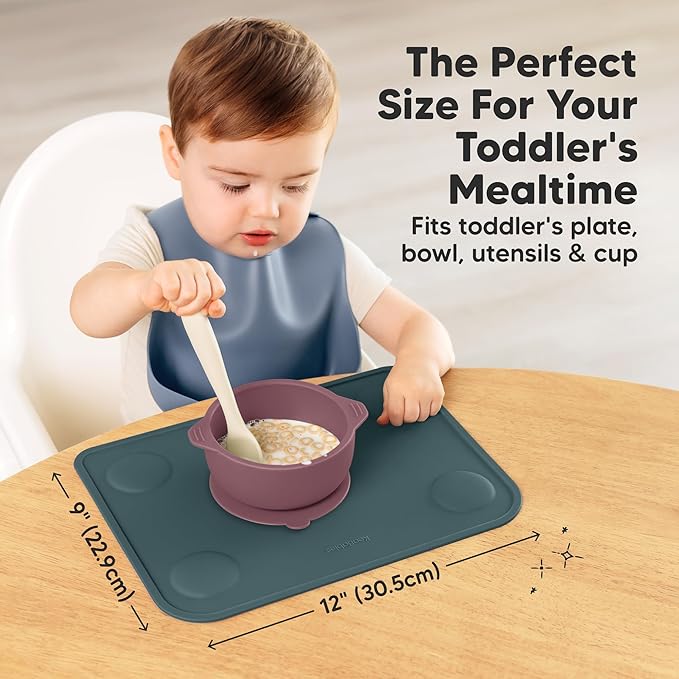 KeaBabies 2-Pack Silicone Placemats for Toddlers - 12x9 Non Slip Suction Baby Silicone Placemat for Kids Eating, Easy to Clean, Busy Travel Baby Mat for Dining Table, Food Grade/BPA-Free (Rocky)