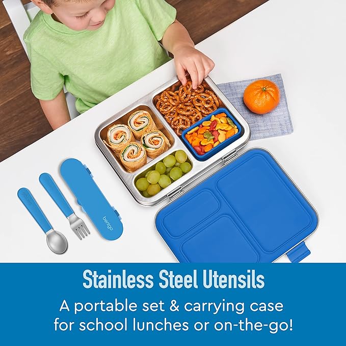 Bentgo® Kids Stainless Steel Utensil Set - Reusable Fork, Spoon & Storage Case - High-Grade BPA-Free Stainless Steel, Easy-Grip Handles, Dishwasher Safe for School Lunch, Travel & Outdoors (Blue)