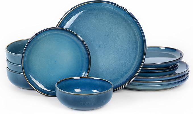 Plates and Bowls Sets, Ceramic Dinnerware Sets, 12 Pieces Modern Stoneware Dinnerware Set for 4, Reactive Glaze Dinnerware Set for Home Kitchen, Scratch Resistant, Microwave and Dishwasher