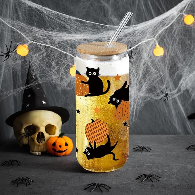 Joeyan Halloween Glass Cups with Lids and Straws,20 oz Pumpkin and Black Cat Iced Coffee Tumbler,Cute Funny Can Shaped Beer Drinking Glasses,Holiday Gifts for Women Mom Friend Teen